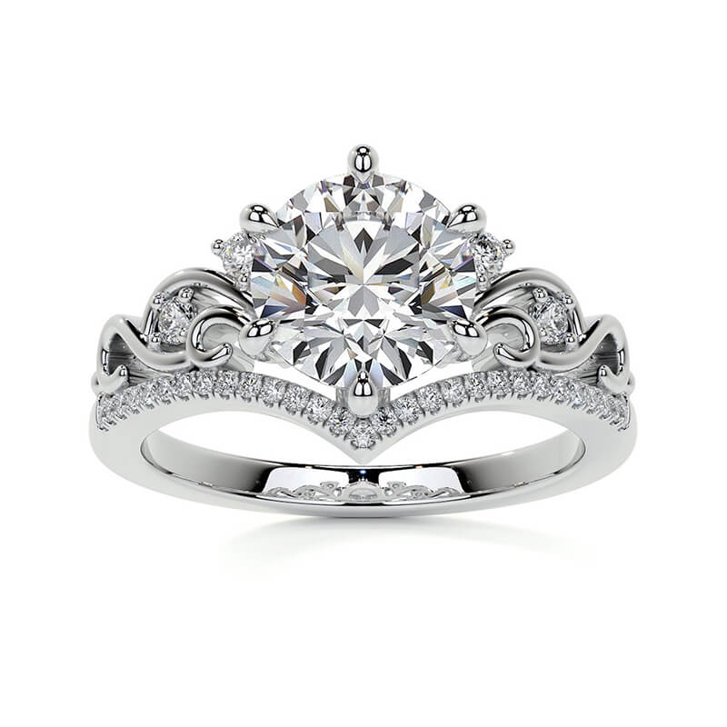 Chevron Round Moissanite Scroll Pave Engagement Ring