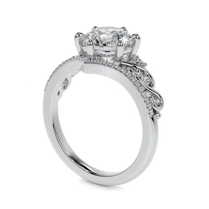 Chevron Round Moissanite Scroll Pave Engagement Ring