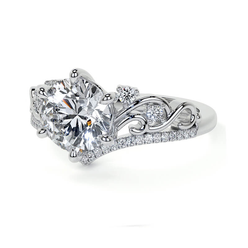 Chevron Round Moissanite Scroll Pave Engagement Ring
