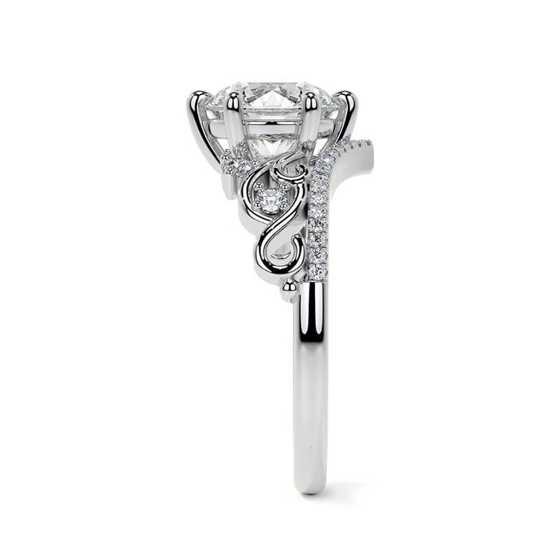 Chevron Round Moissanite Scroll Pave Engagement Ring