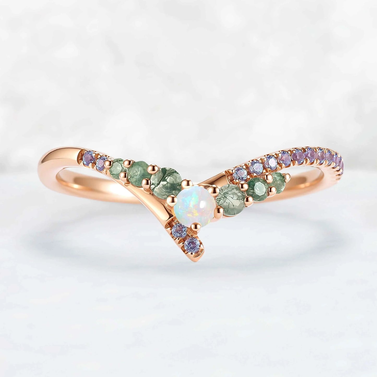 Chevron Alexandrite and Opal Rose Gold Wedding Band
