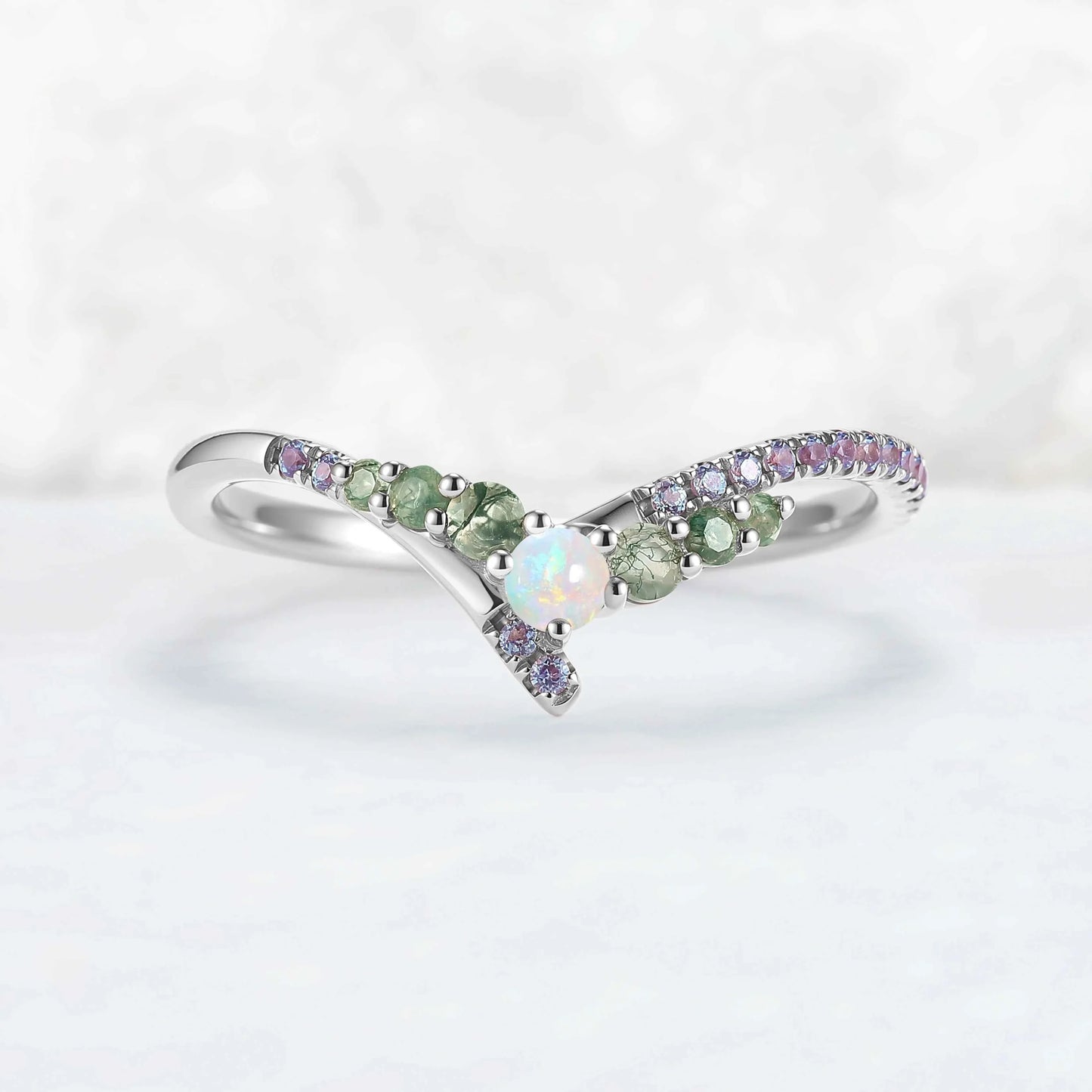 Chevron Alexandrite and Opal Rose Gold Wedding Band