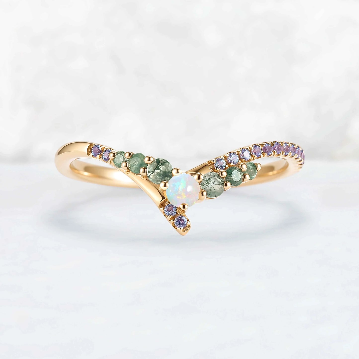 Chevron Alexandrite and Opal Rose Gold Wedding Band