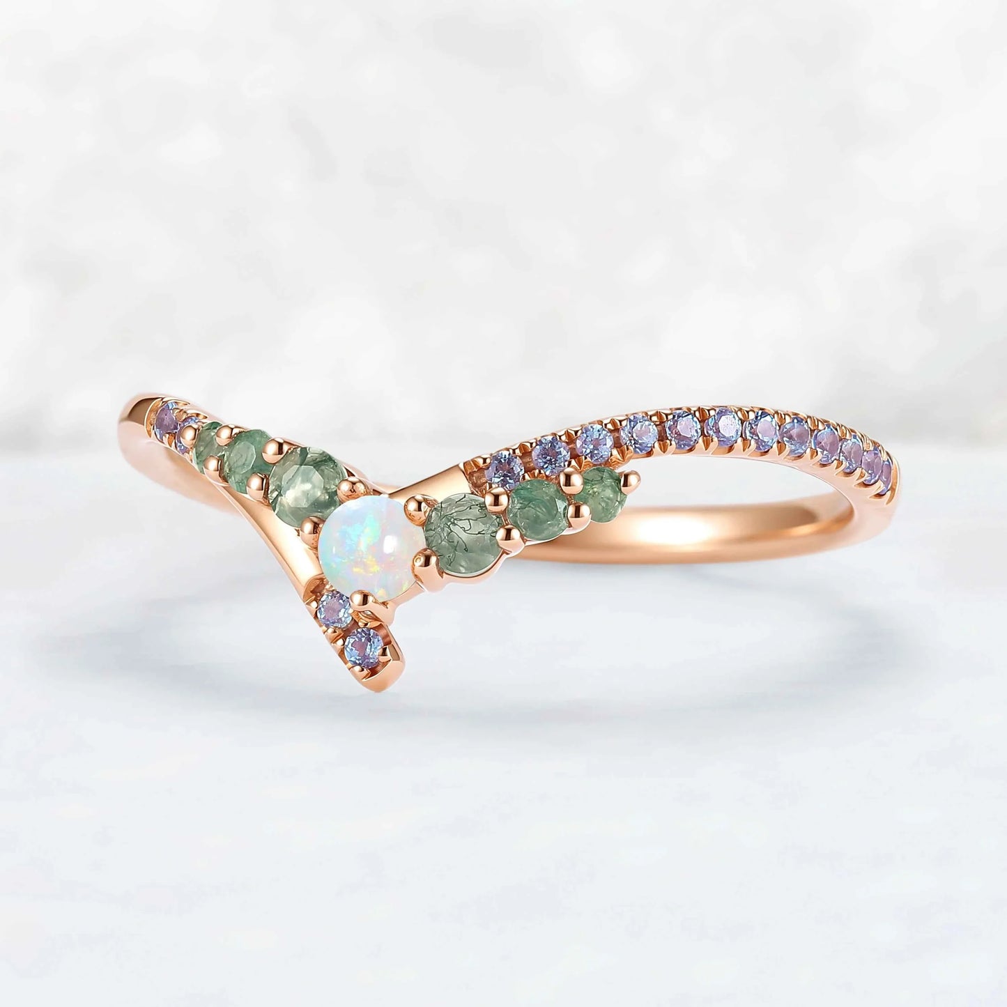 Chevron Alexandrite and Opal Rose Gold Wedding Band