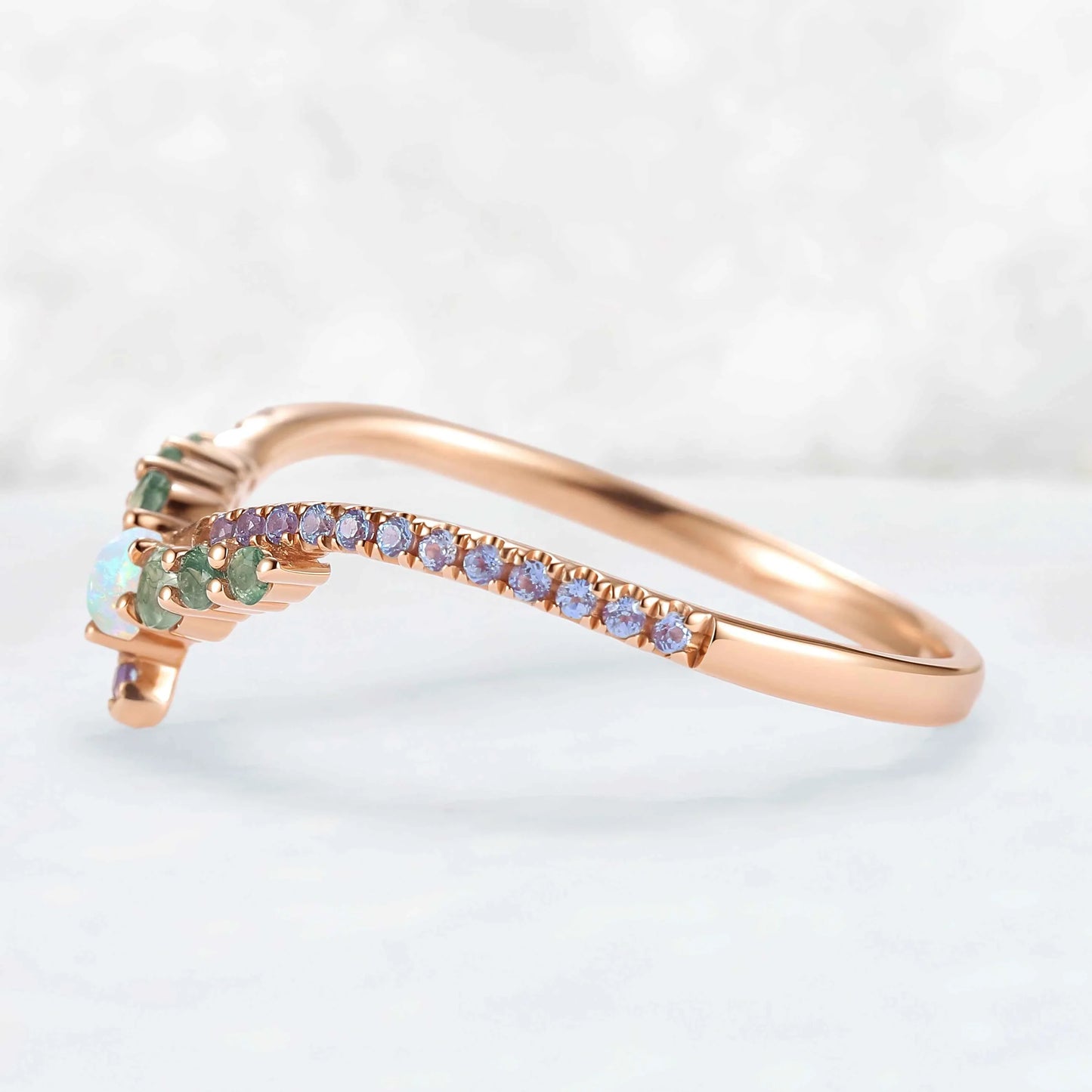 Chevron Alexandrite and Opal Rose Gold Wedding Band