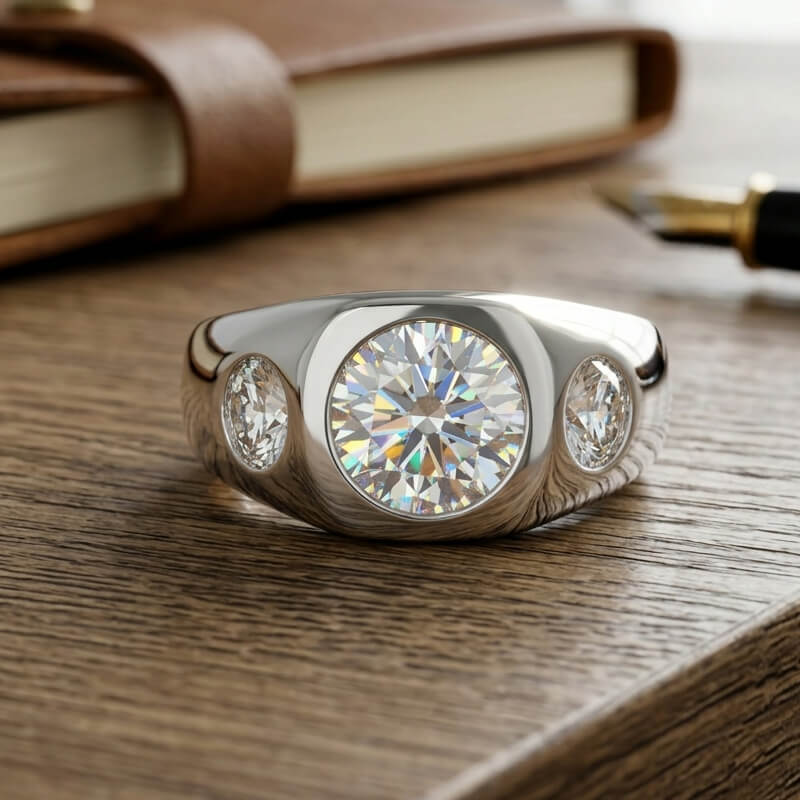 Chunky Three-Stone Bezel Set Moissanite Engagement Ring