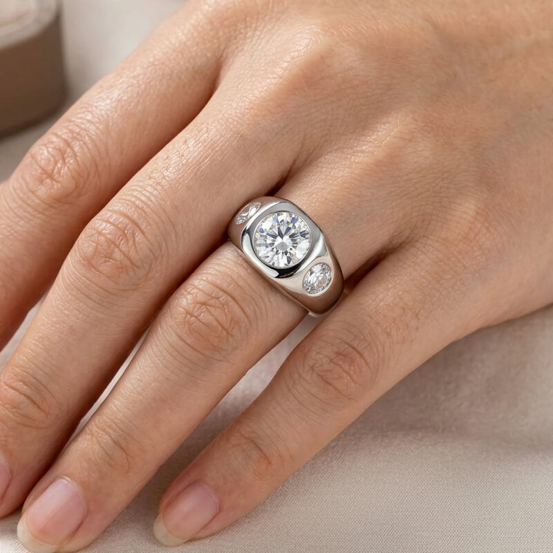 Chunky Three-Stone Bezel Set Moissanite Engagement Ring