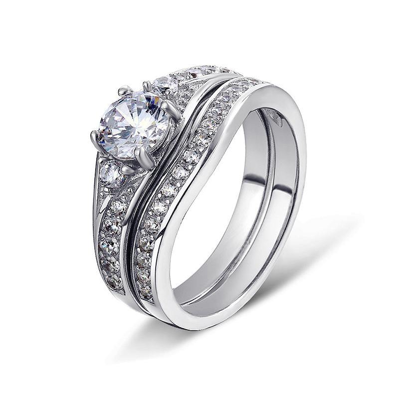 Classic Round Cut Pave Sterling Silver Ring Set