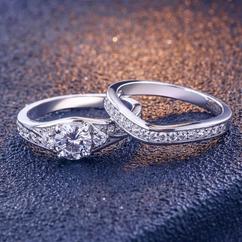 Classic Round Cut Pave Sterling Silver Ring Set