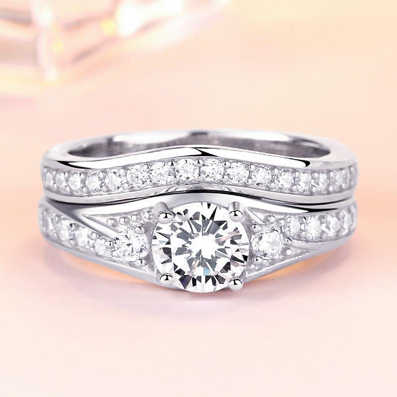 Classic Round Cut Pave Sterling Silver Ring Set