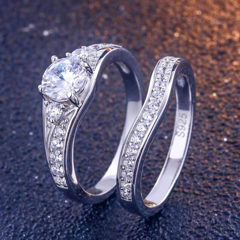 Classic Round Cut Pave Sterling Silver Ring Set