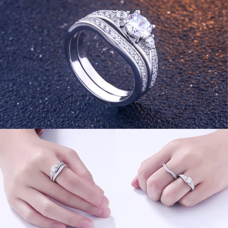 Classic Round Cut Pave Sterling Silver Ring Set