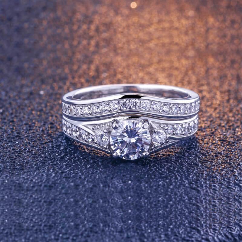 Classic Round Cut Pave Sterling Silver Ring Set
