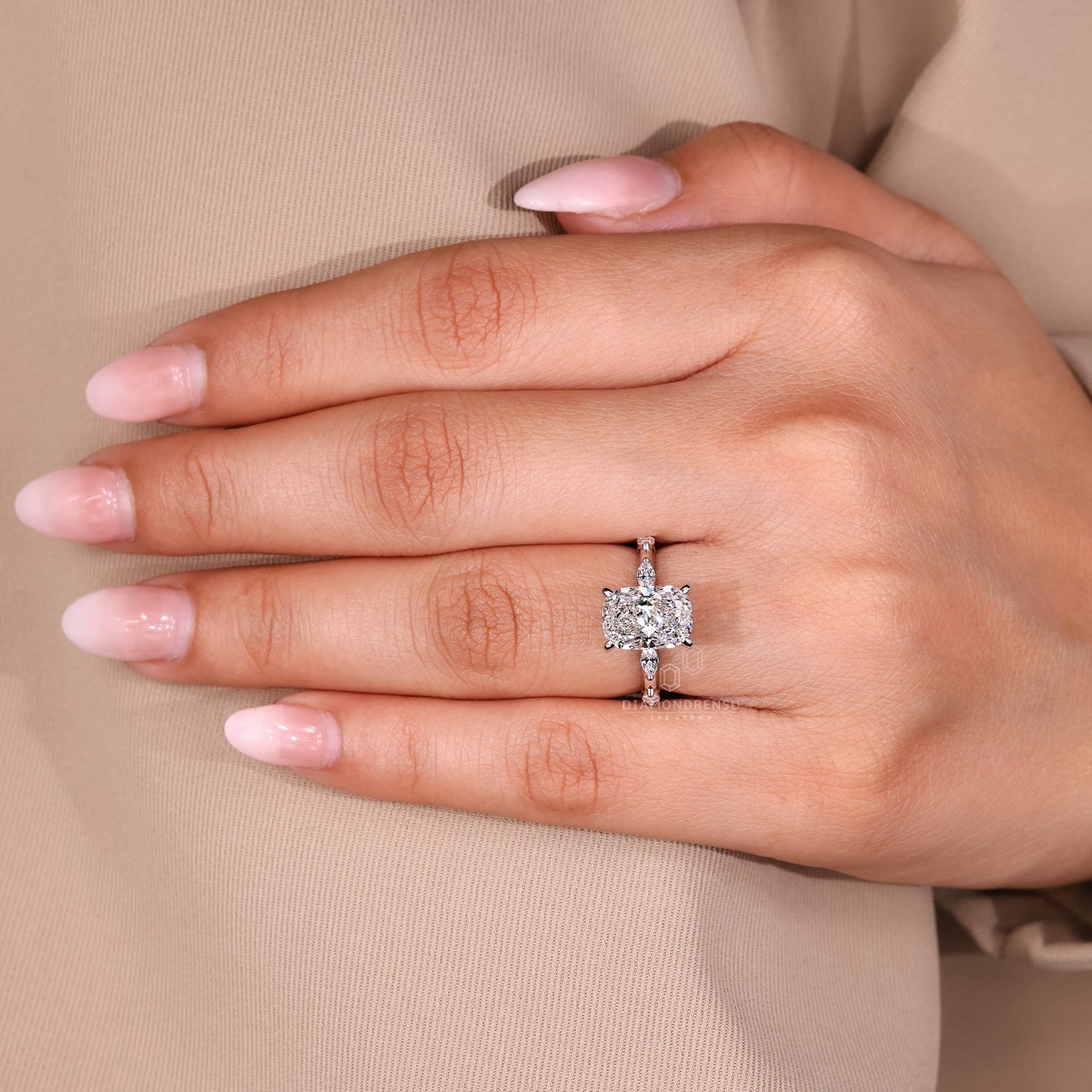Elongated Cushion Cut Diamond Ring in Distance Pave Setting