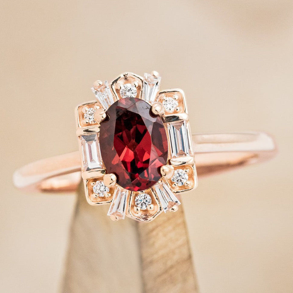 "Cleopatra" - Oval Garnet Engagement Ring With Diamond Accents & Tracer