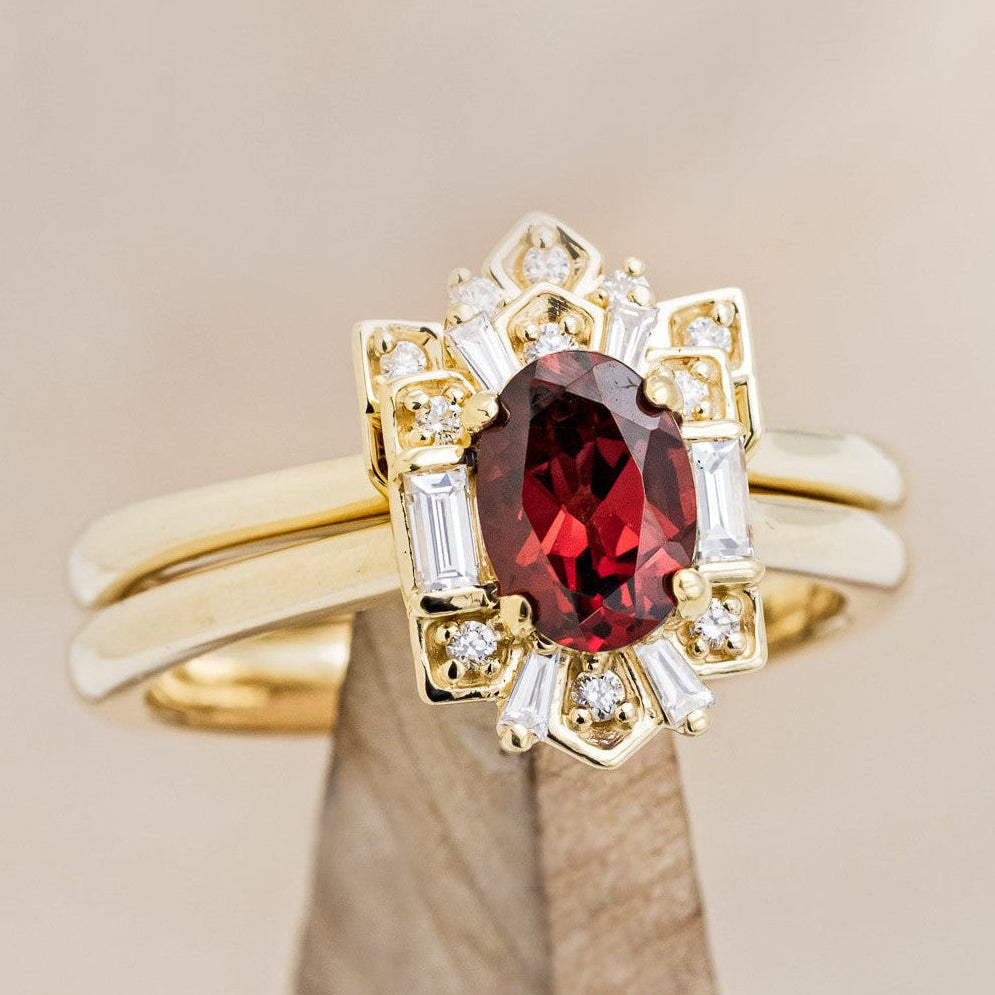 "Cleopatra" - Oval Garnet Engagement Ring With Diamond Accents & Tracer