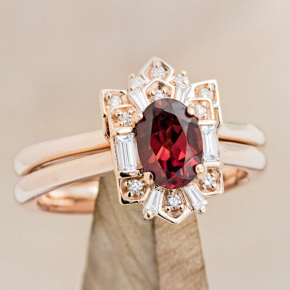 "Cleopatra" - Oval Garnet Engagement Ring With Diamond Accents & Tracer