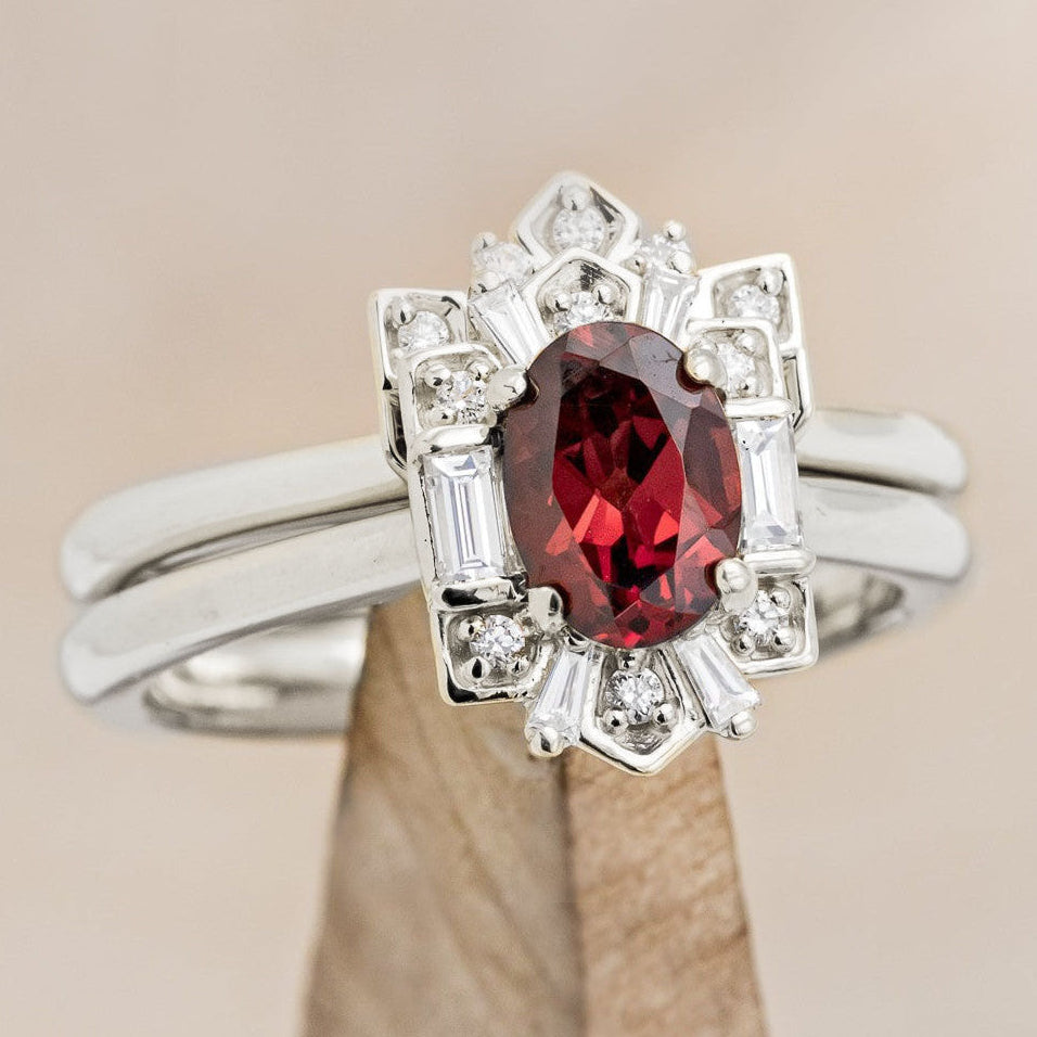 "Cleopatra" - Oval Garnet Engagement Ring With Diamond Accents & Tracer