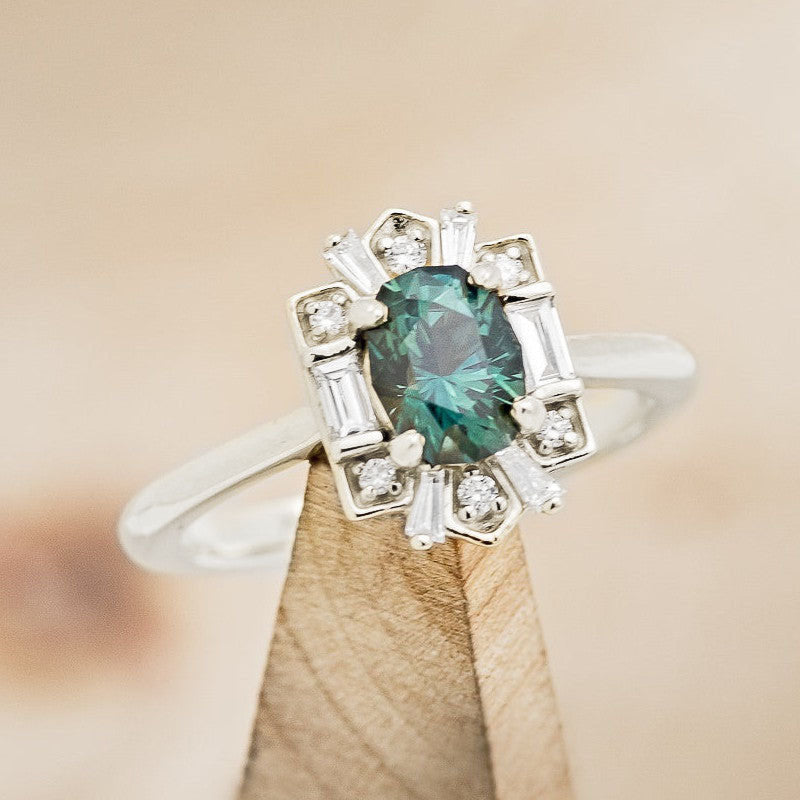 "Cleopatra" - Montana Sapphire Engagement Ring With Diamond Halo & Tracer