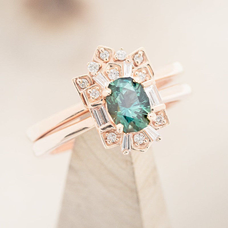 "Cleopatra" - Montana Sapphire Engagement Ring With Diamond Halo & Tracer