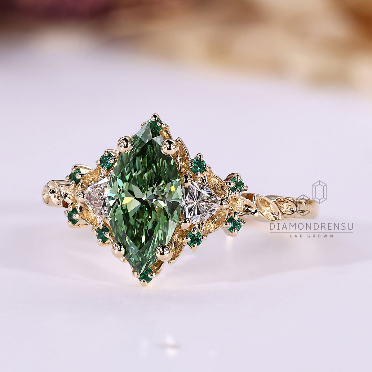 Vintage Green Marquise Engagement Ring with Cluster Setting
