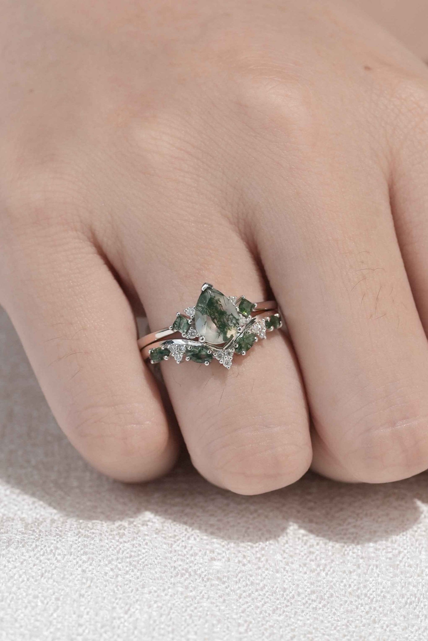 Cluster Pear Cut Moss Agate Seven Stones Silver Ring Set 2pcs