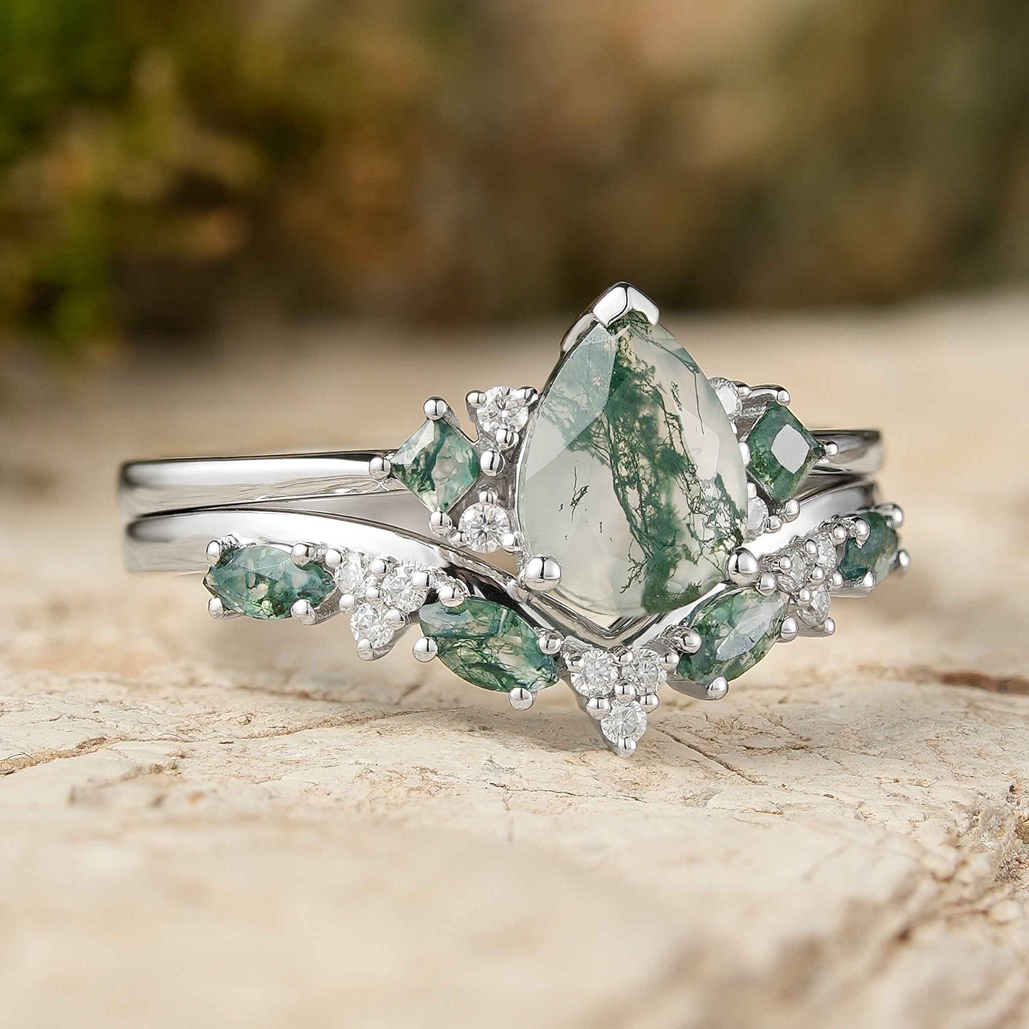 Cluster Pear Cut Moss Agate Seven Stones Silver Ring Set 2pcs