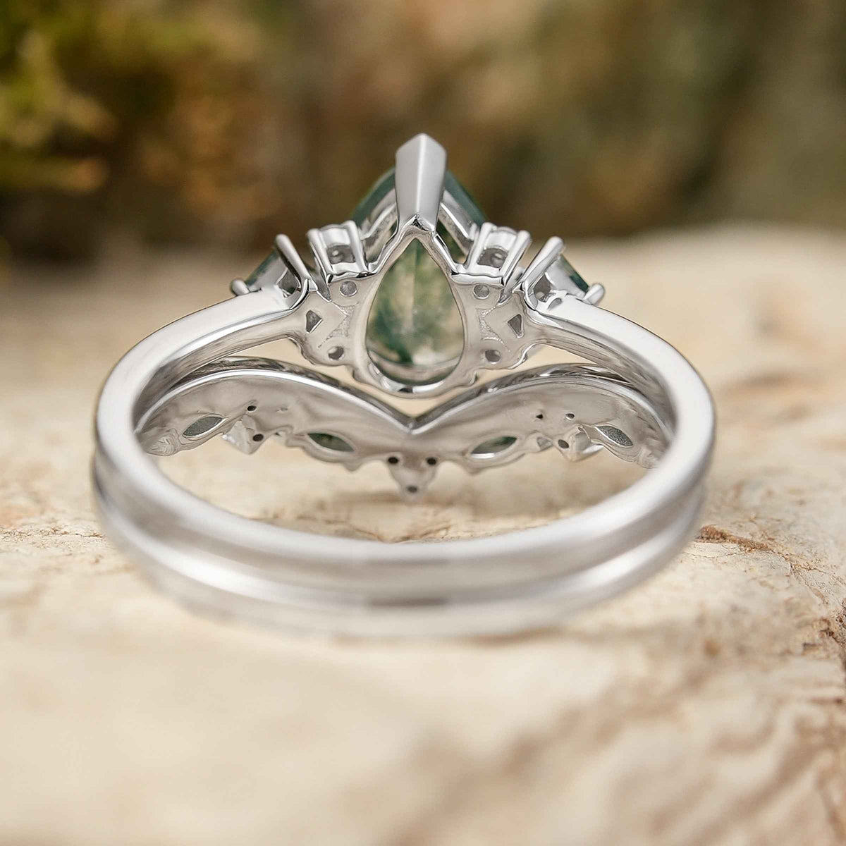 Cluster Pear Cut Moss Agate Seven Stones Silver Ring Set 2pcs