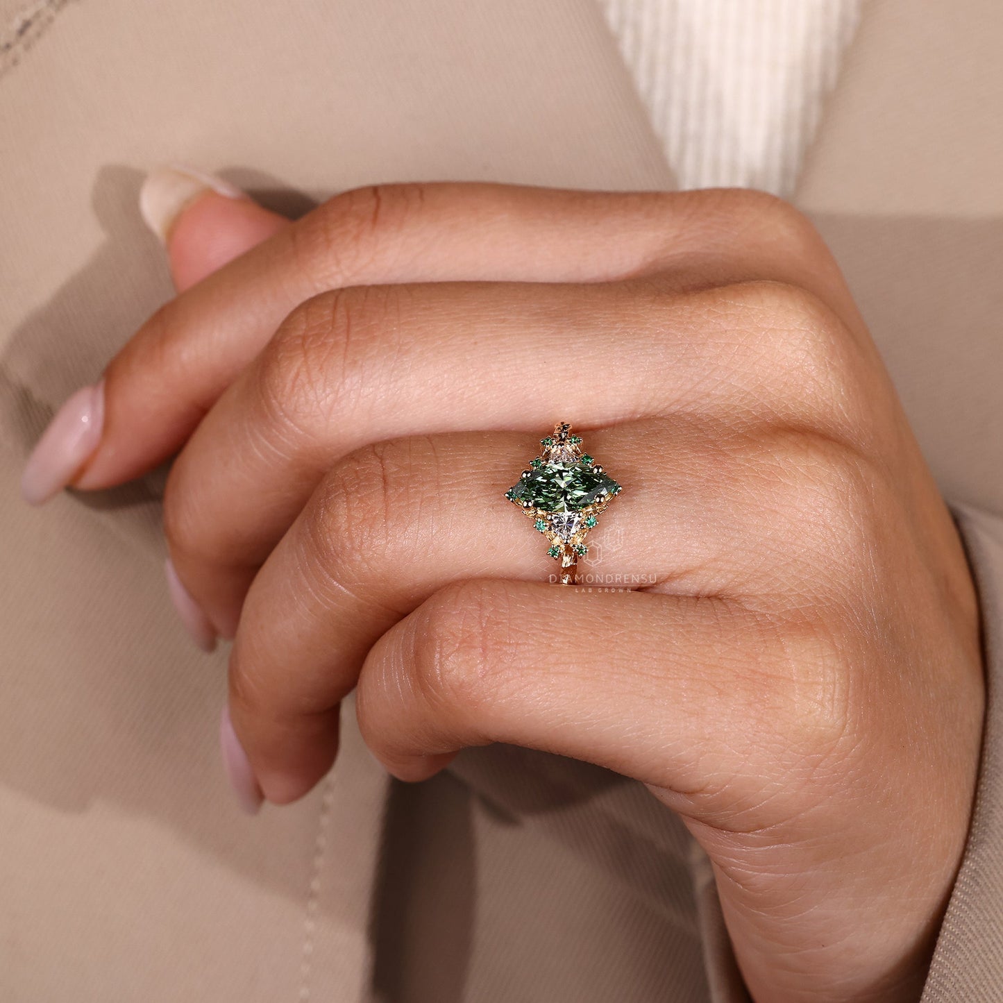 Vintage Green Marquise Engagement Ring with Cluster Setting