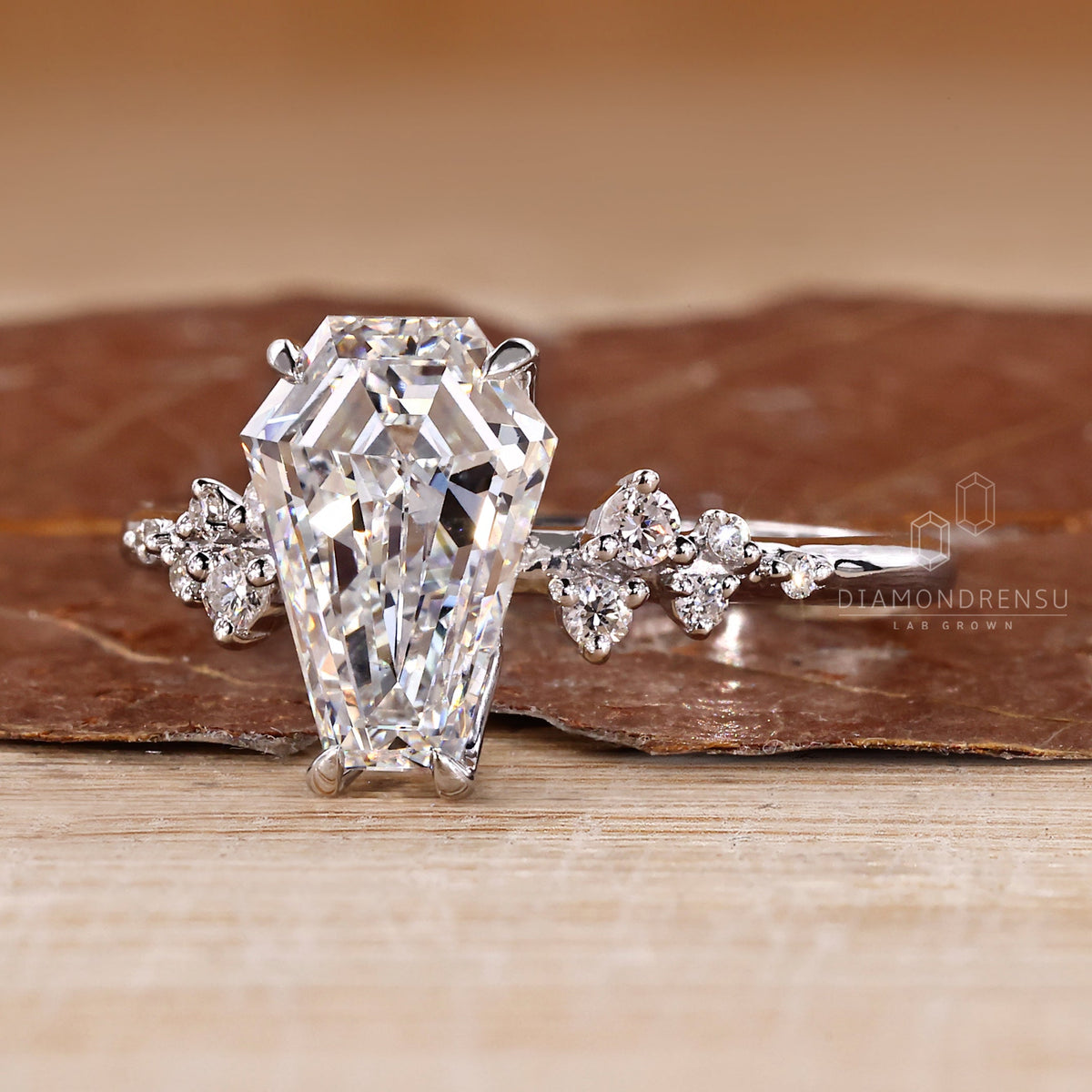 Cluster Diamond Ring with Coffin Center Stone and Tulip Setting