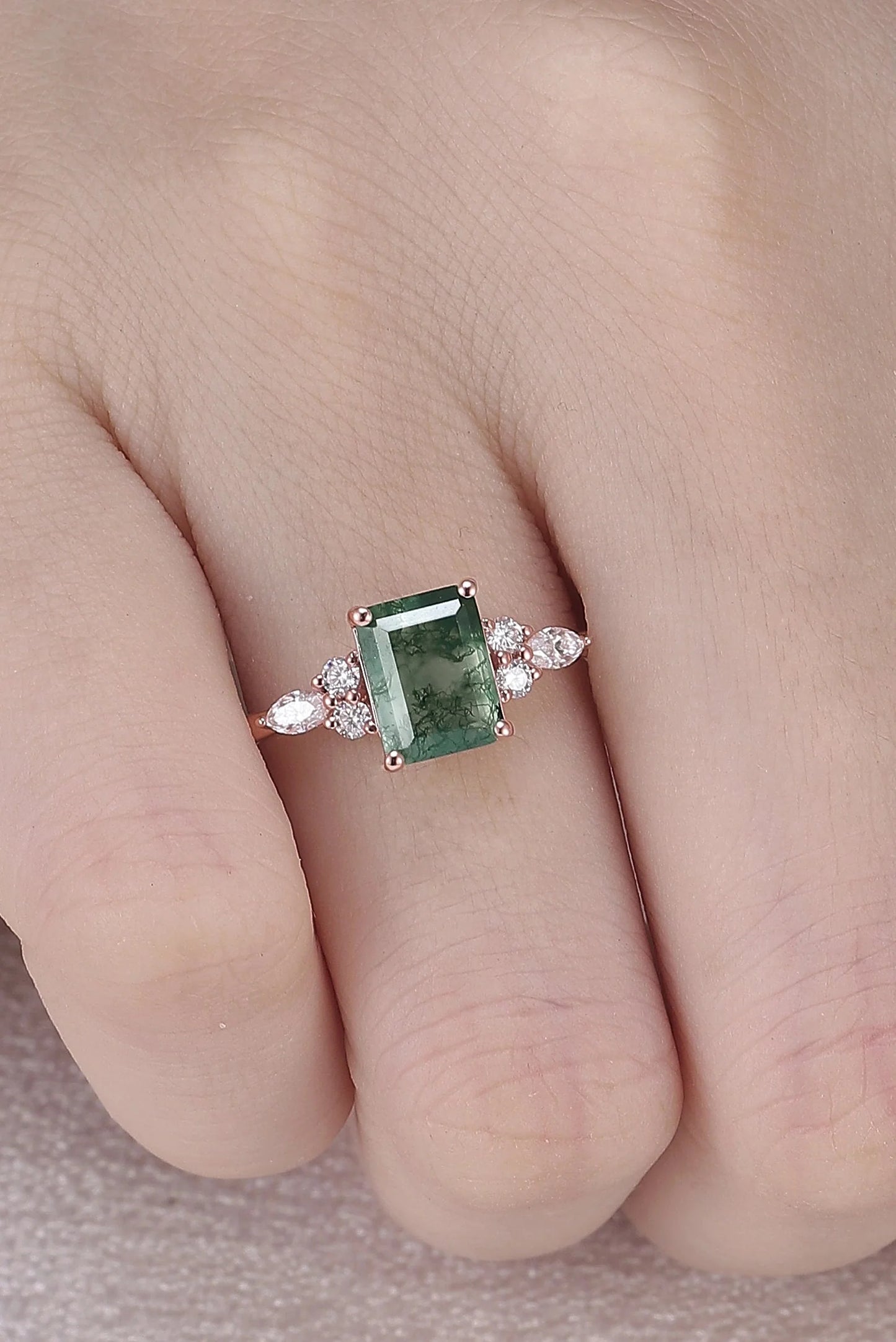 Cluster Emerald Cut Moss Agate Engagement Ring