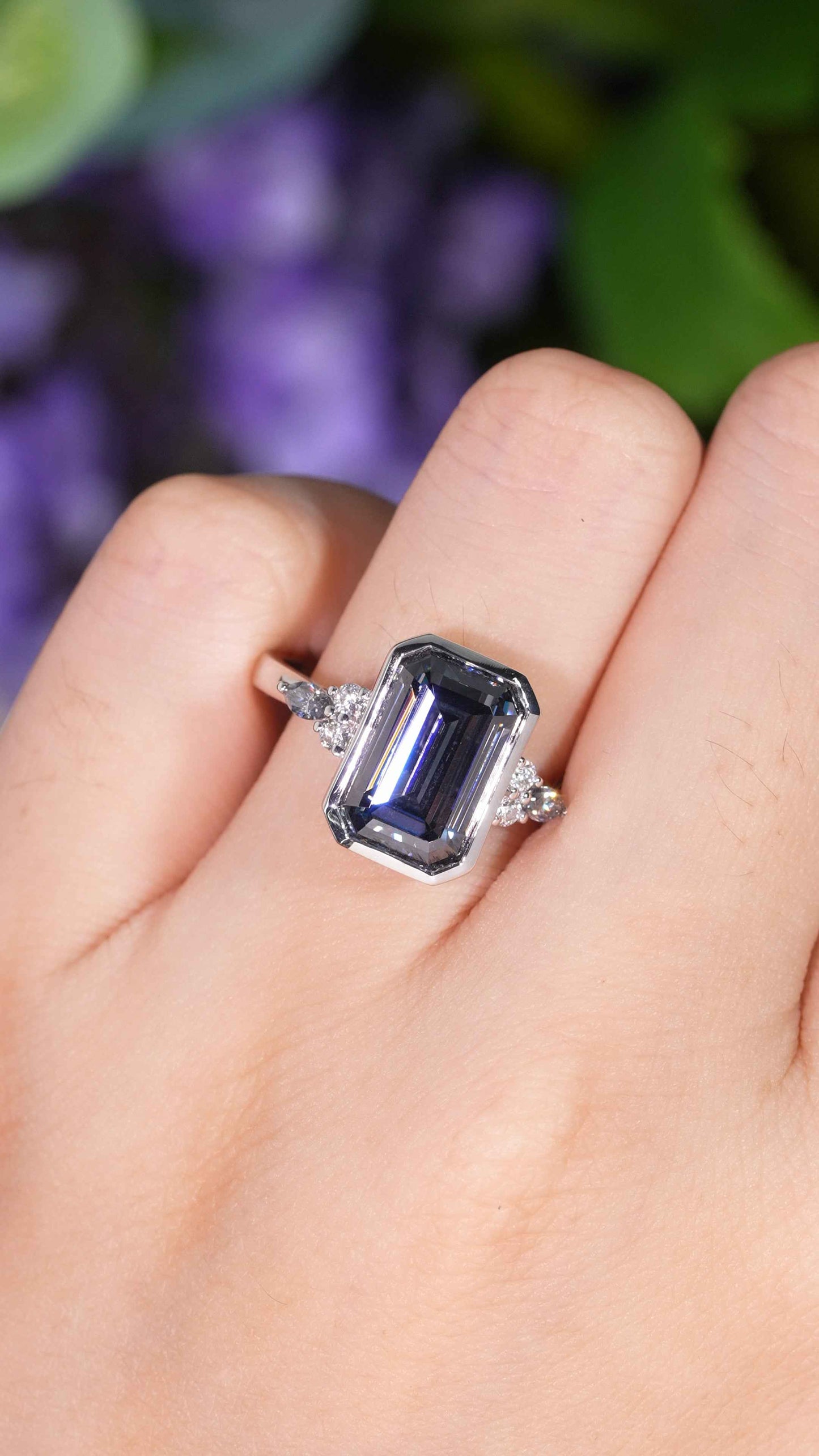 Cluster 3 Carat Emerald Cut Grey Moissanite Bezel Silver Ring