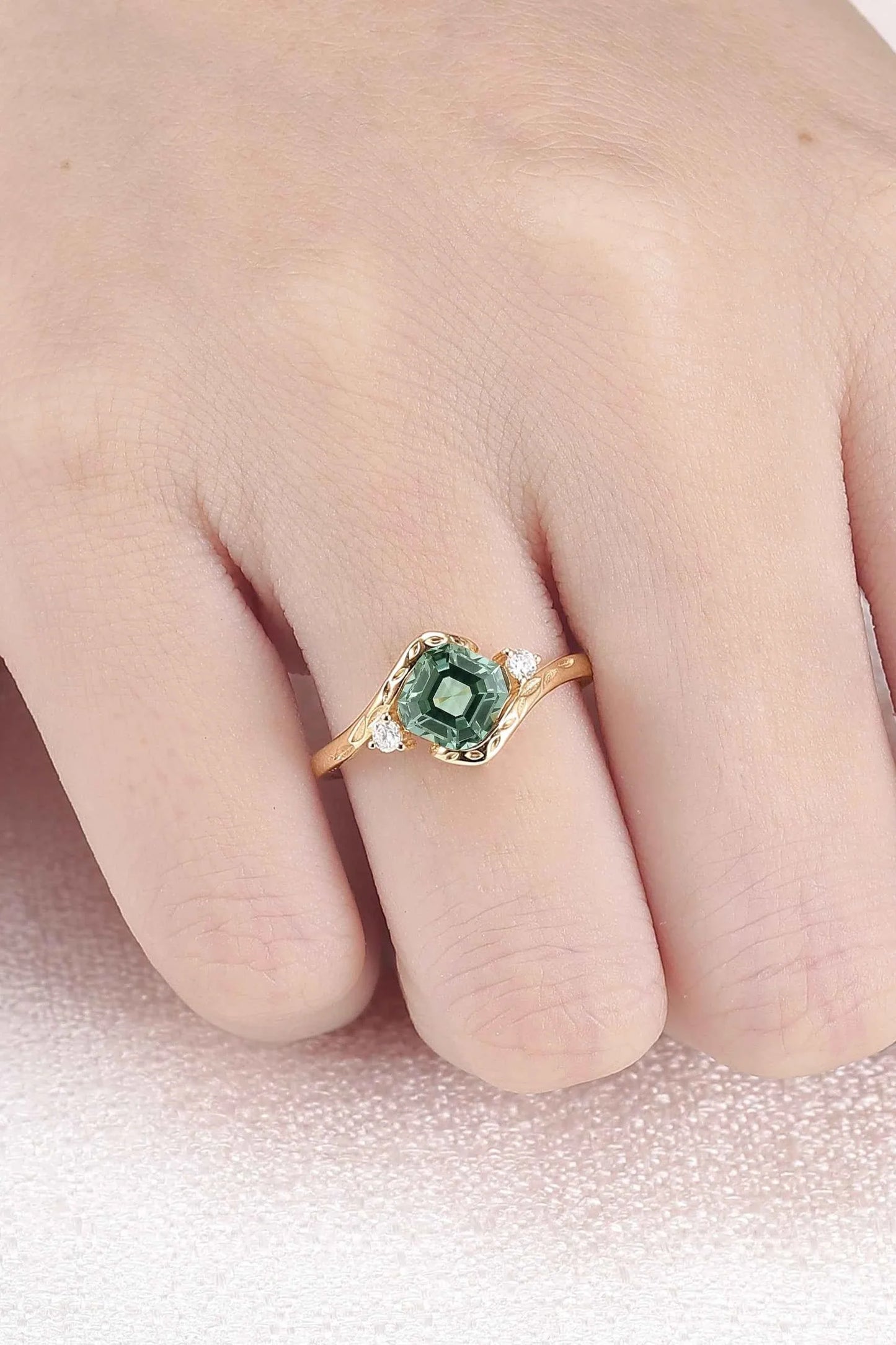 Cluster Asscher Cut  Green Sapphire Three Gemstone Ring