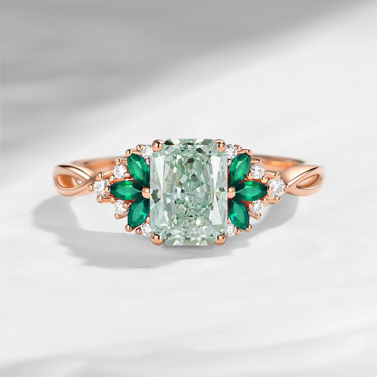 Cluster Radiant Cut Lab Green Diamond & Emerald Twist Engagement Ring