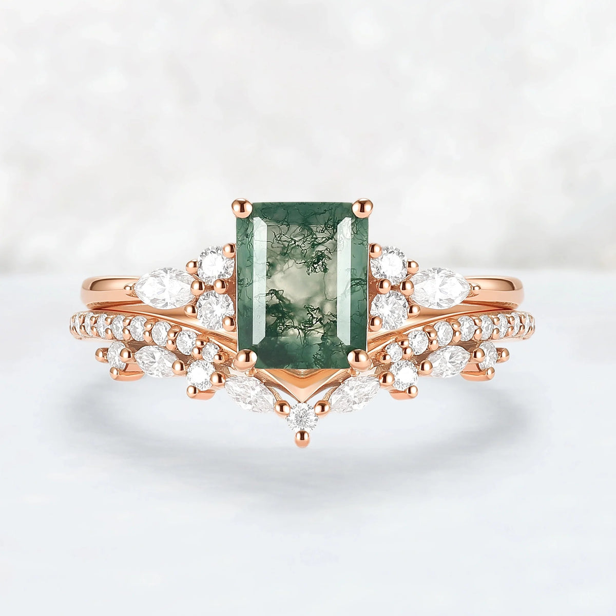Cluster Emerald Cut Moss Agate Cluster Engagement Ring Set 2pcs