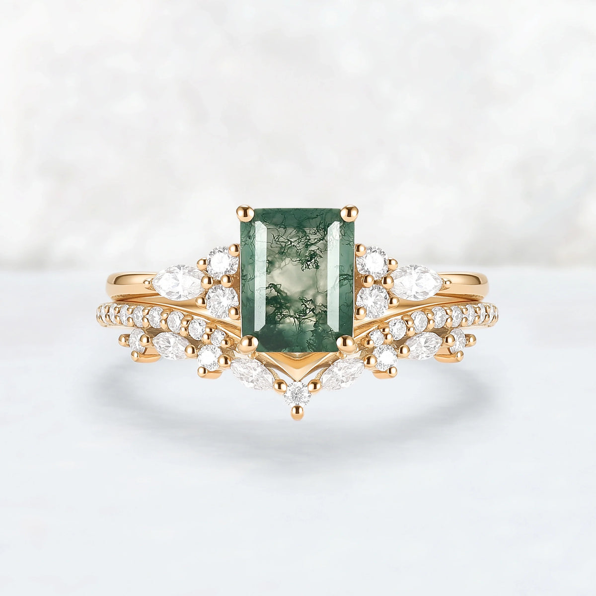Cluster Emerald Cut Moss Agate Cluster Engagement Ring Set 2pcs
