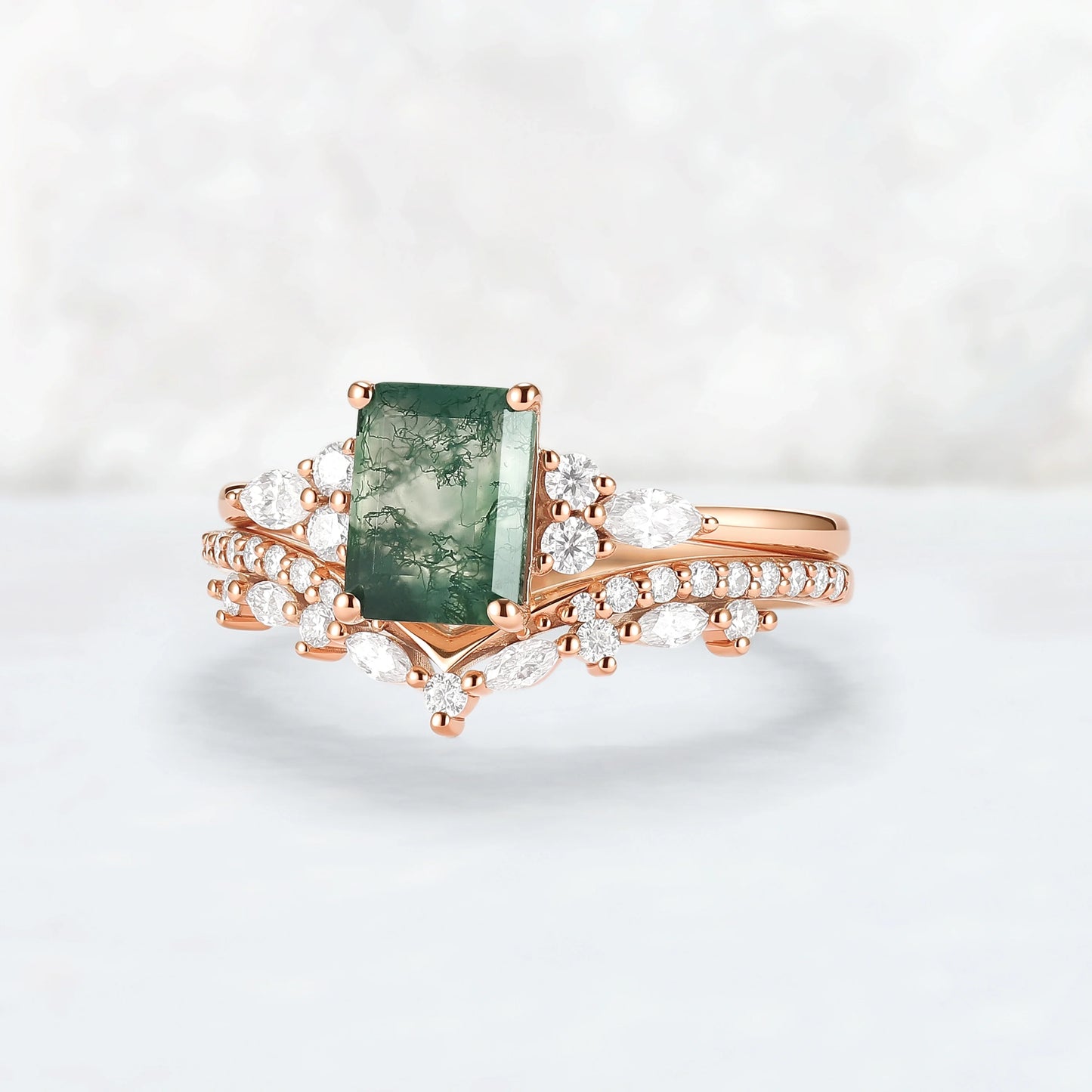 Cluster Emerald Cut Moss Agate Cluster Engagement Ring Set 2pcs