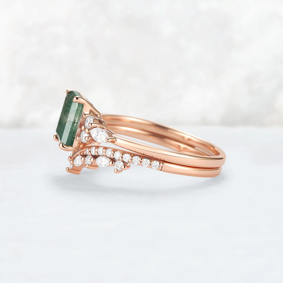 Cluster Emerald Cut Moss Agate Cluster Engagement Ring Set 2pcs