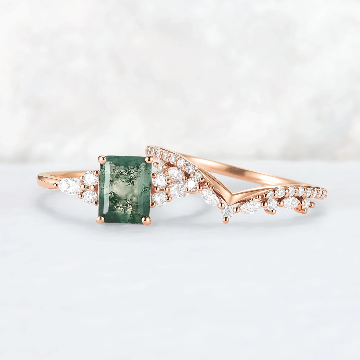 Cluster Emerald Cut Moss Agate Cluster Engagement Ring Set 2pcs