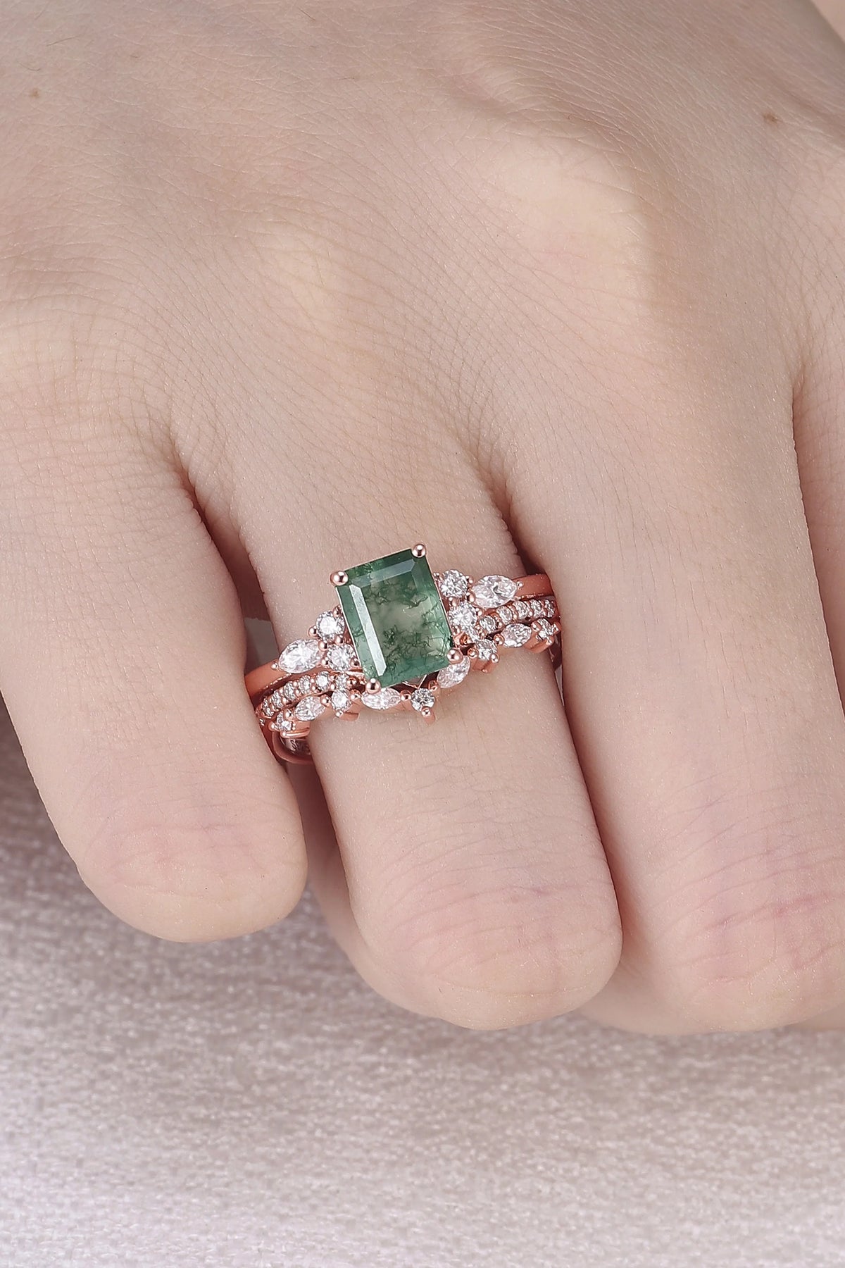 Cluster Emerald Cut Moss Agate Cluster Engagement Ring Set 2pcs