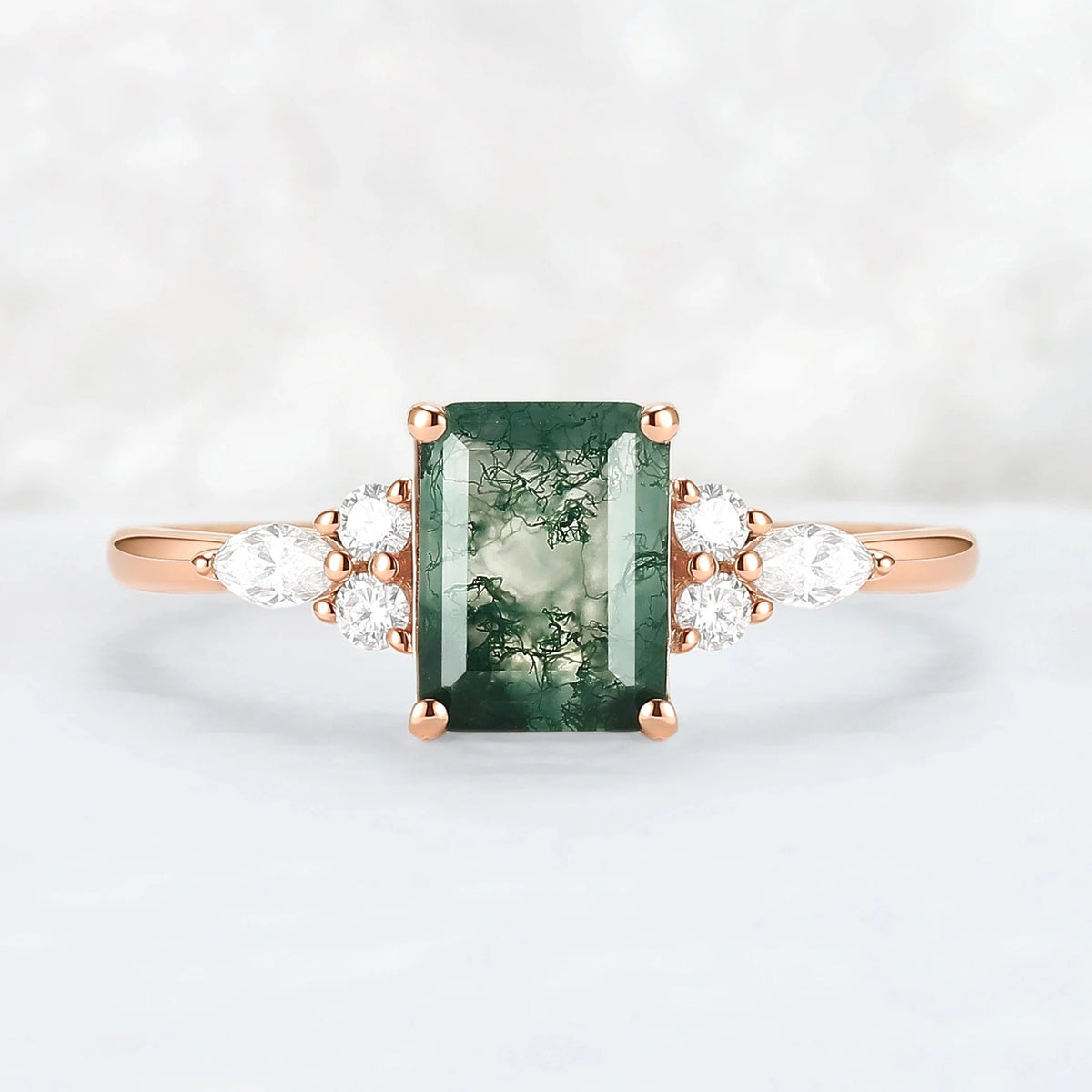 Cluster Emerald Cut Moss Agate Engagement Ring