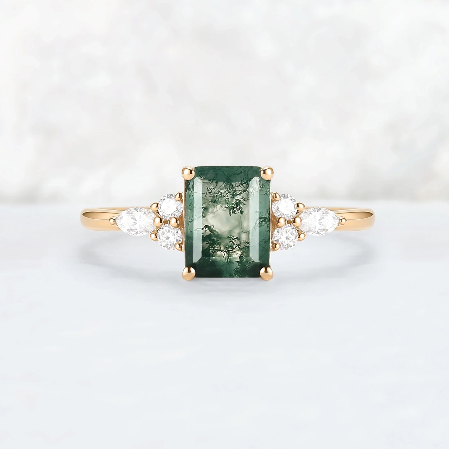 Cluster Emerald Cut Moss Agate Engagement Ring