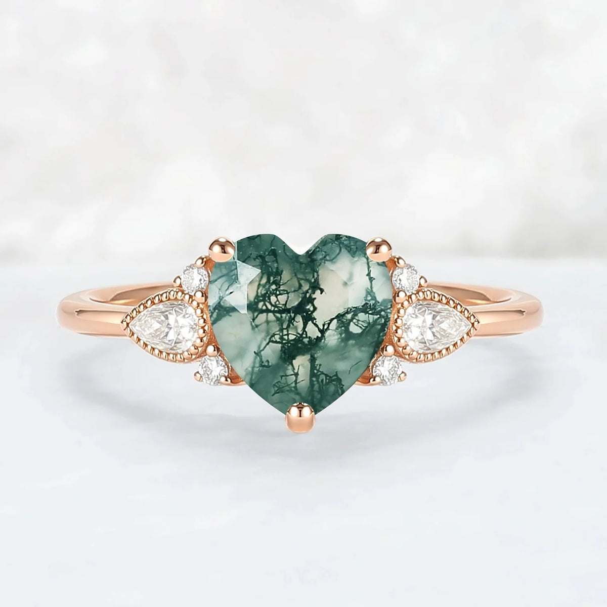 Cluster Heart-Cut Moss Agate Engagement Ring