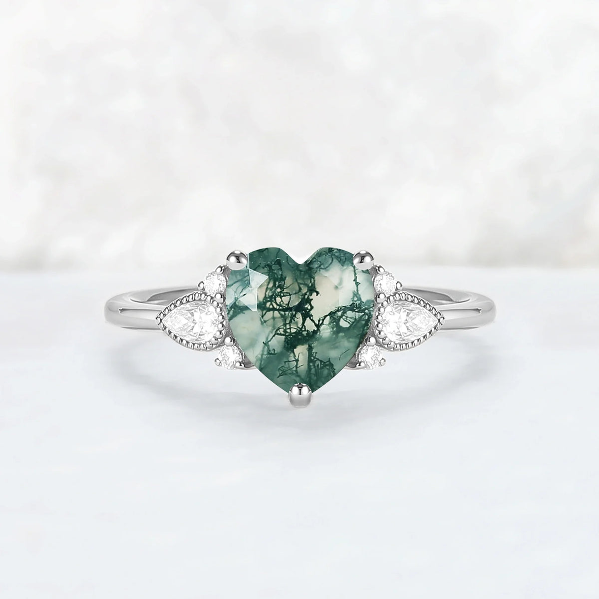 Cluster Heart-Cut Moss Agate Engagement Ring