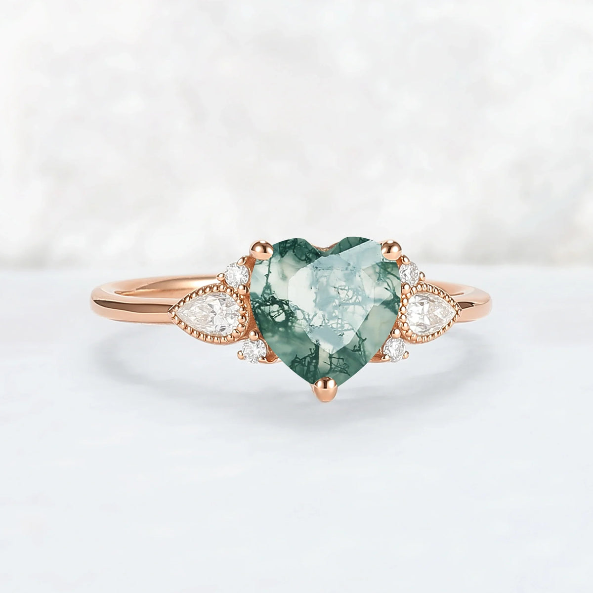 Cluster Heart-Cut Moss Agate Engagement Ring