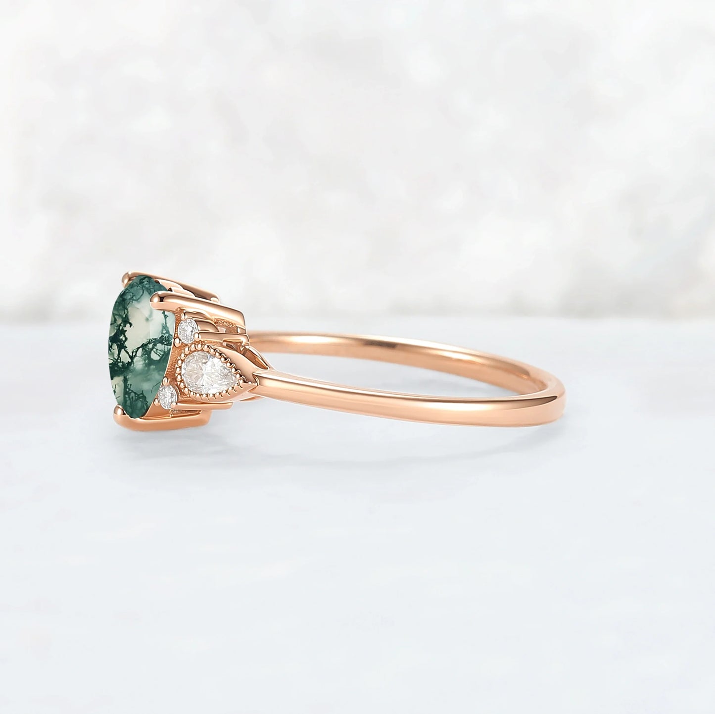 Cluster Heart-Cut Moss Agate Engagement Ring