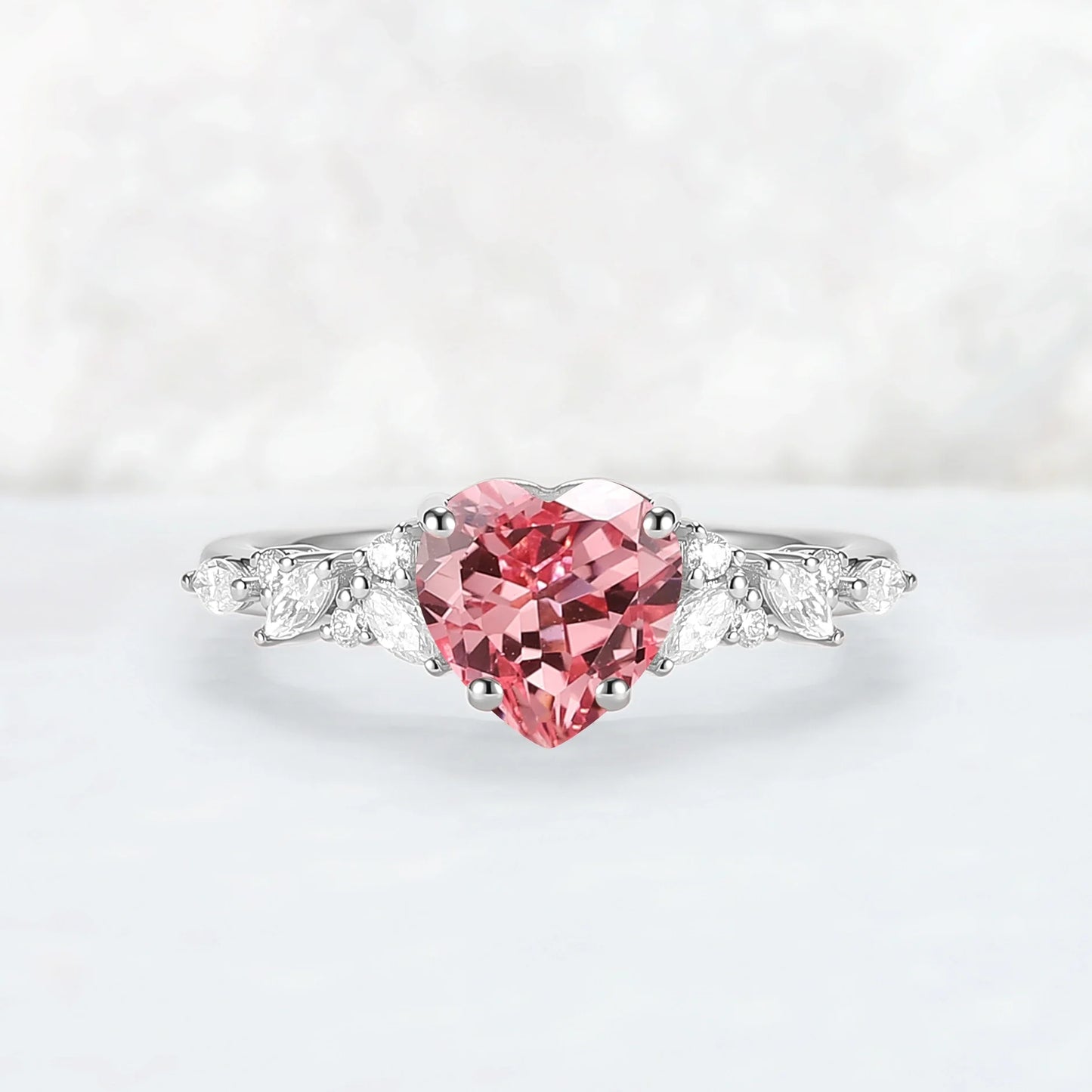 Cluster Heart Shaped Lab Pink Padparadscha Engagement Ring