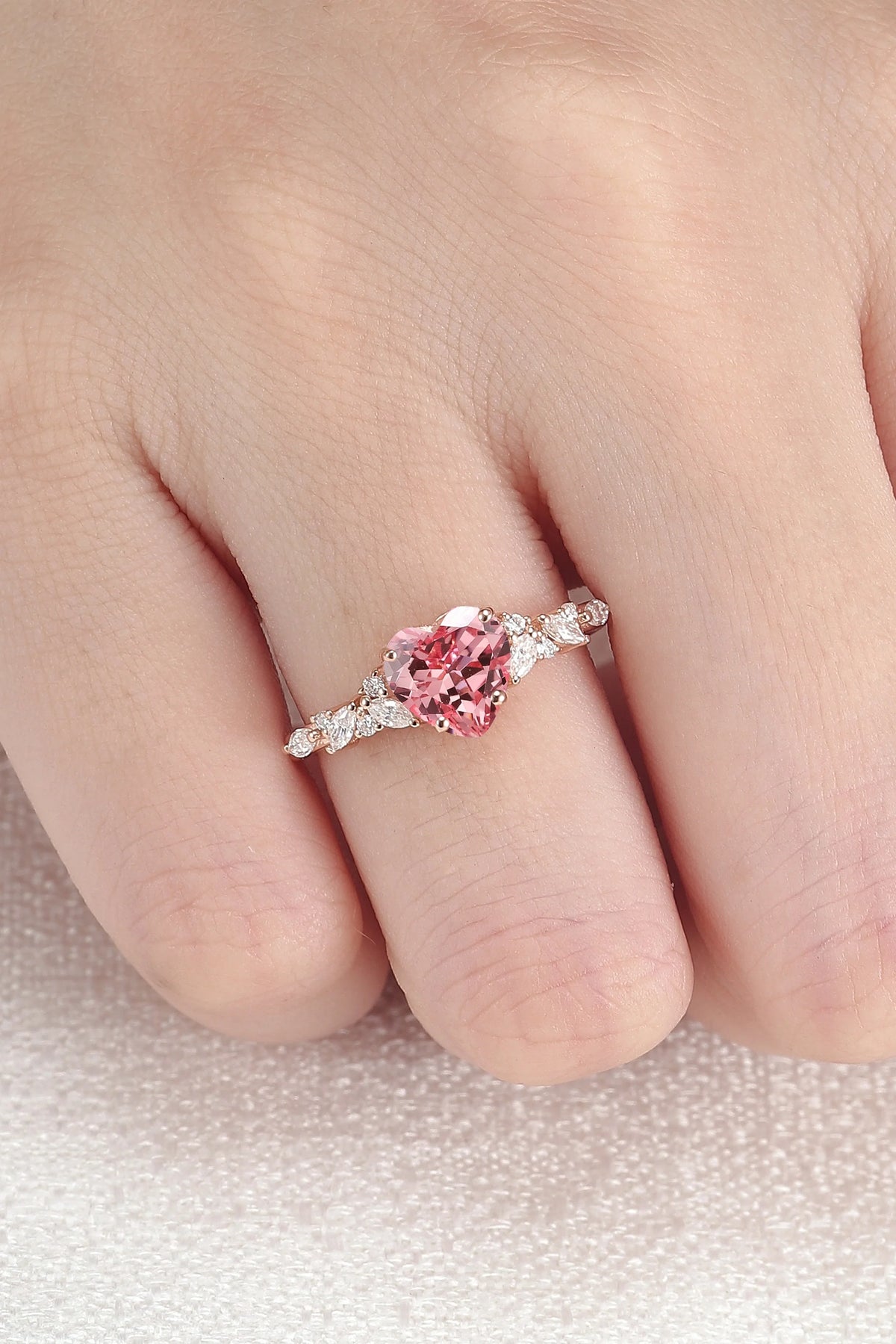 Cluster Heart Shaped Lab Pink Padparadscha Engagement Ring