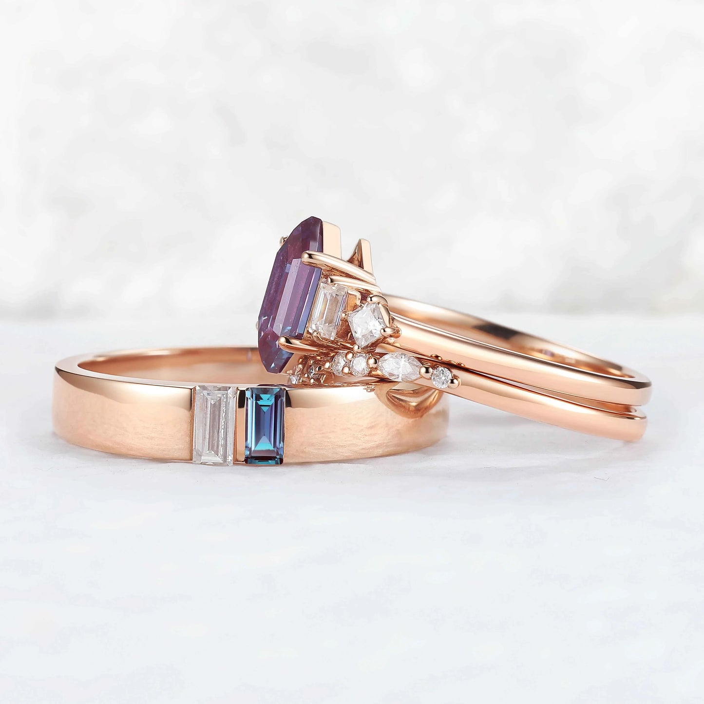 Cluster Hexagon Cut Alexandrite Couple Ring - Eternal Bond