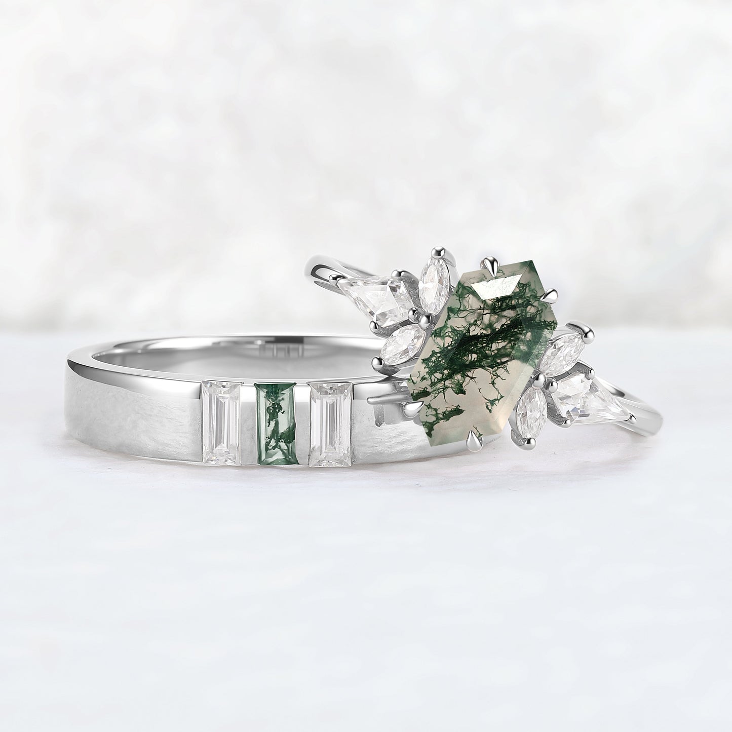 Cluster Hexagon Cut Moss Agate Couple Ring - Eternal Bond